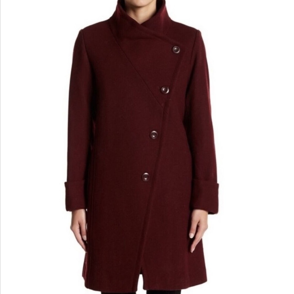 TRINA TURK Burgundy Wool Asymmetric Coat